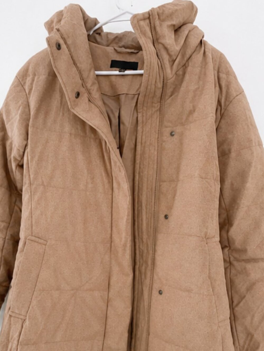 NWT UNIQLO Stretch Down Wool Blend Coat Tan Hooded Longline size S